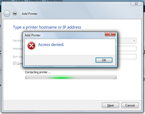 доступ отключен при попытке добавить принтер sbs 2008