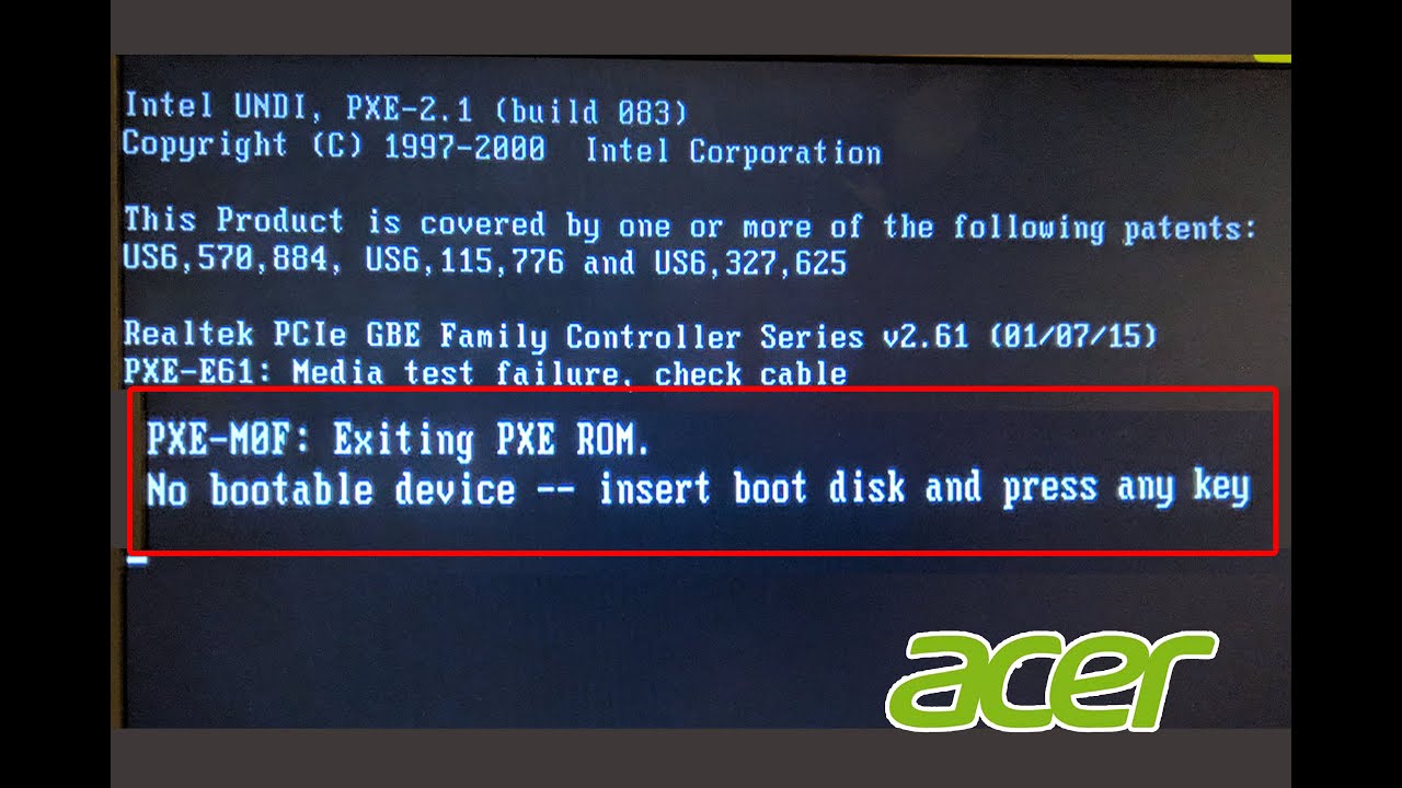 acer aspire one low bootable device insert boot disk
