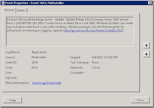 error procedure 1603 exchange 2010