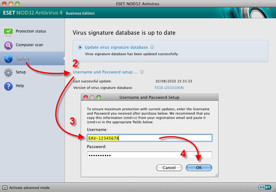eset nod32 antivirus 5 Update des Benutzernamens und des Passworts