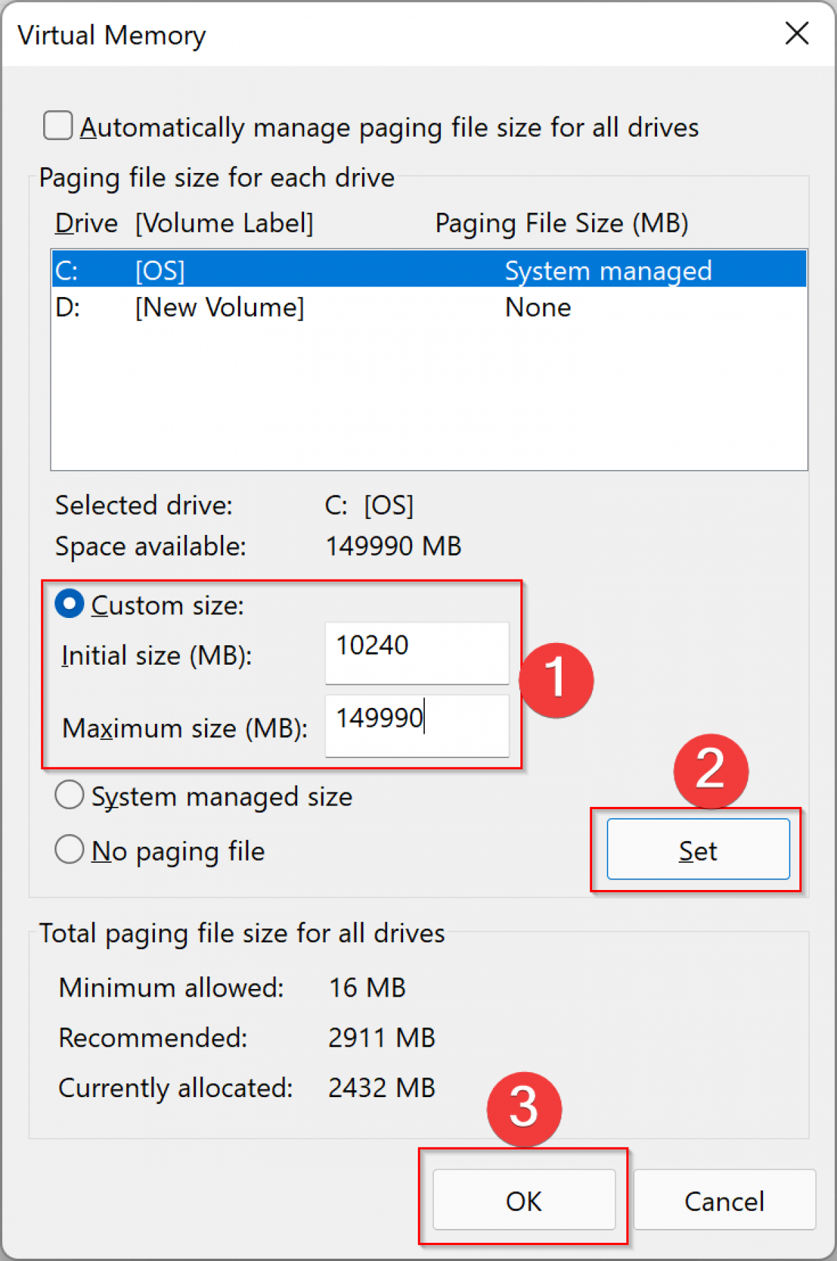 how to compute virtual memory size with windows