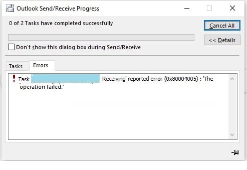 microsoft Outlook transmet l'erreur 0x80004005