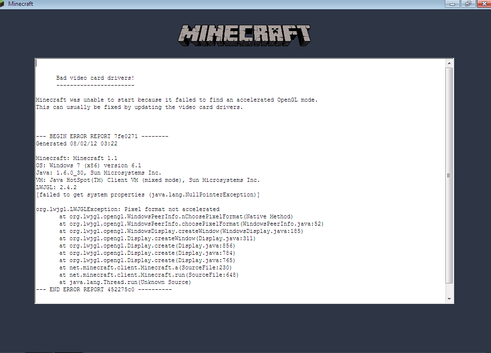 minecraft 오류 잘못된 온라인 카드 드라이버 Windows 7 opengl