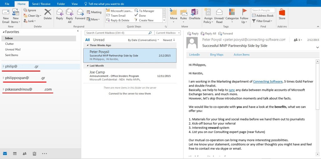 несколько учетных записей электронной почты в Outlook