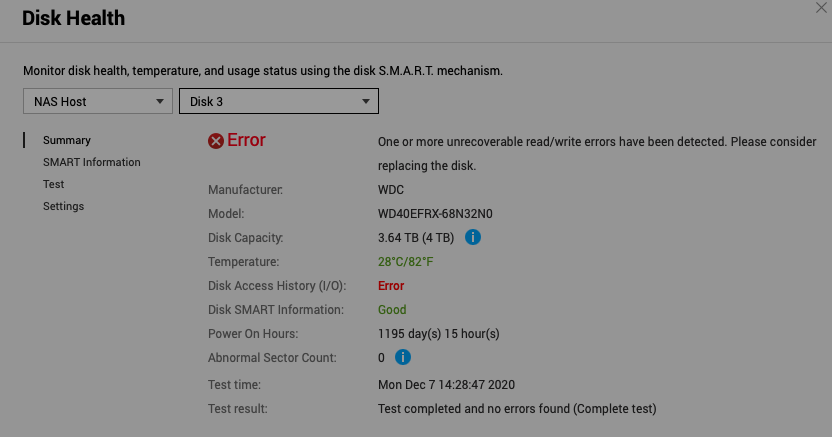 qnap clear disk read put error