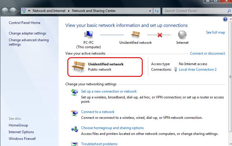 showing unidentified network included in windows 7