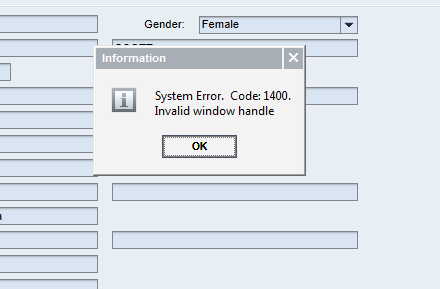 system error. code 1400. invalid home window handle