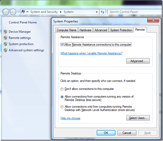 ativar o assunto da área de trabalho remota no Windows 7 ou Vista