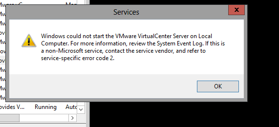 virtualcenter-tjänsten kommer inte igång med felkod 2
