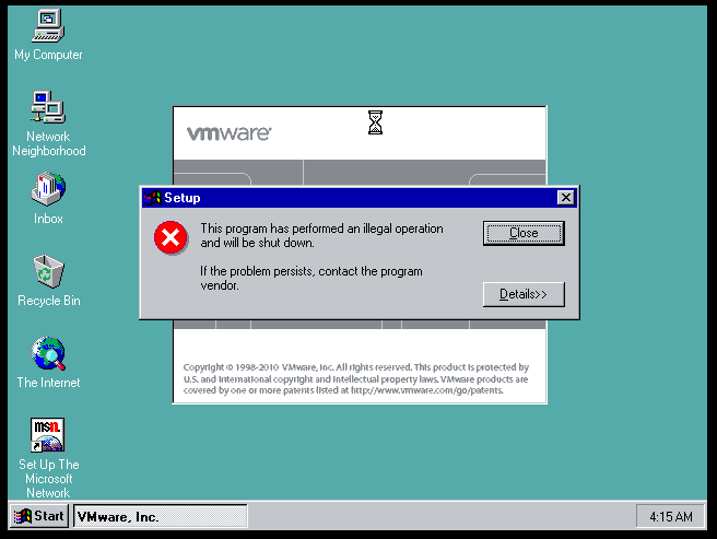 vmware implementiert Windows 98-Fehler 1723