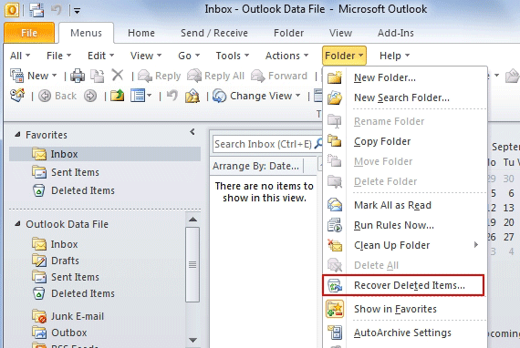 gdzie jest folder odzyskiwania zagubionych elementów w programie Outlook 2010