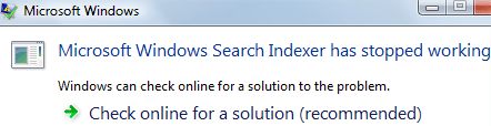 l'indicizzatore di ricerca di Windows Vista ha smesso di funzionare
